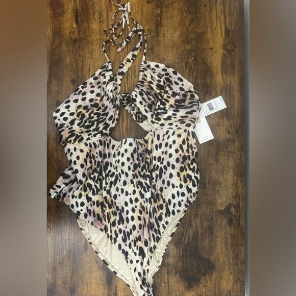Good American Ruched Halter Rose Cheetah One-Piece Swimsuit Size 8 (M/L) NWT - Picture 10 of 11